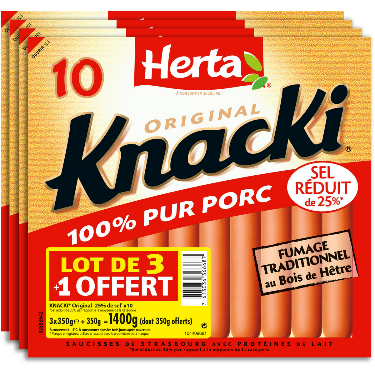 HERTA Herta Knacki Saucisses pur porc sel réduit 3+1 offert 4x350g