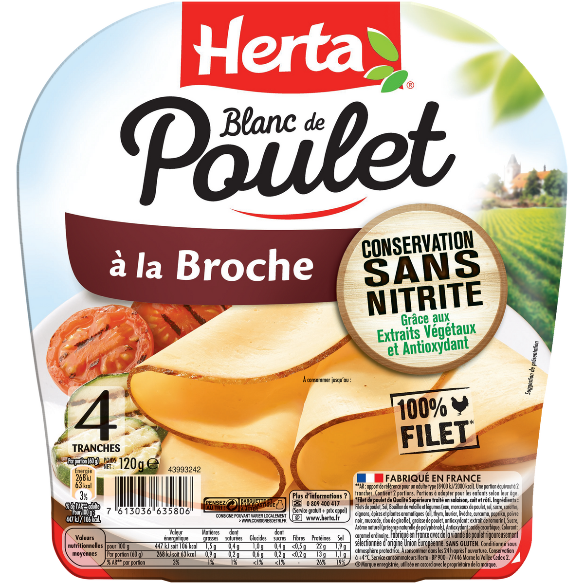 HERTA Blanc de Poulet à la broche sans nitrite 4 tranches 120g
