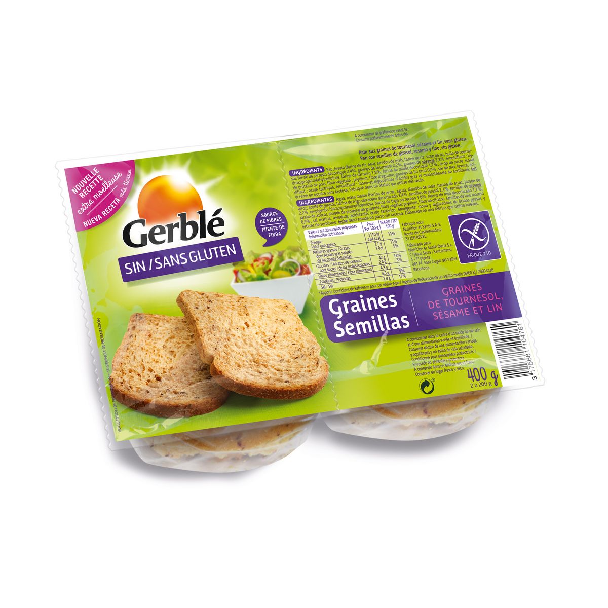 GERBLE Pain tranché aux graines de tournesol sésame et lin sans gluten 400g