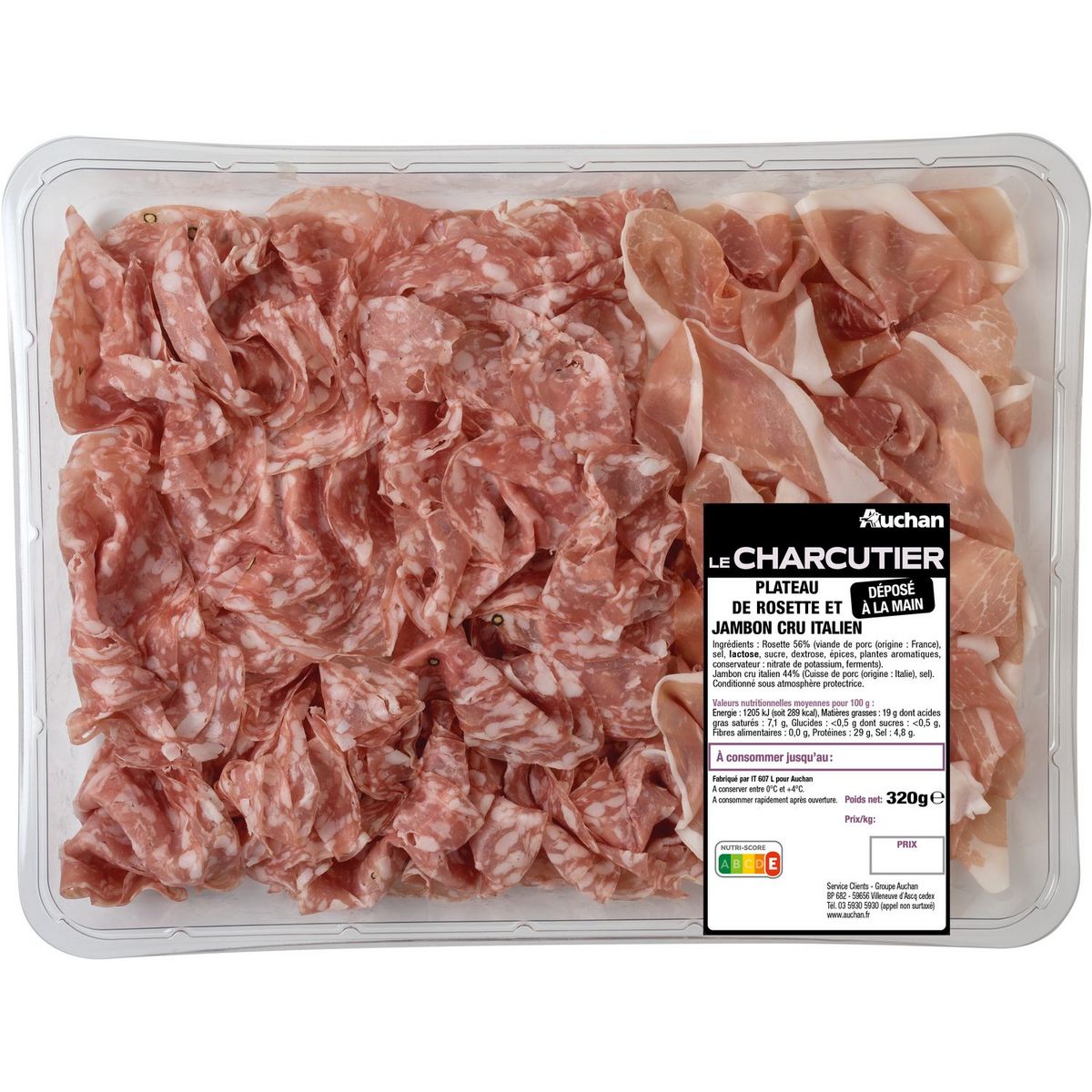 AUCHAN LE CHARCUTIER Plateau de rosette et jambon cru Italien 320g
