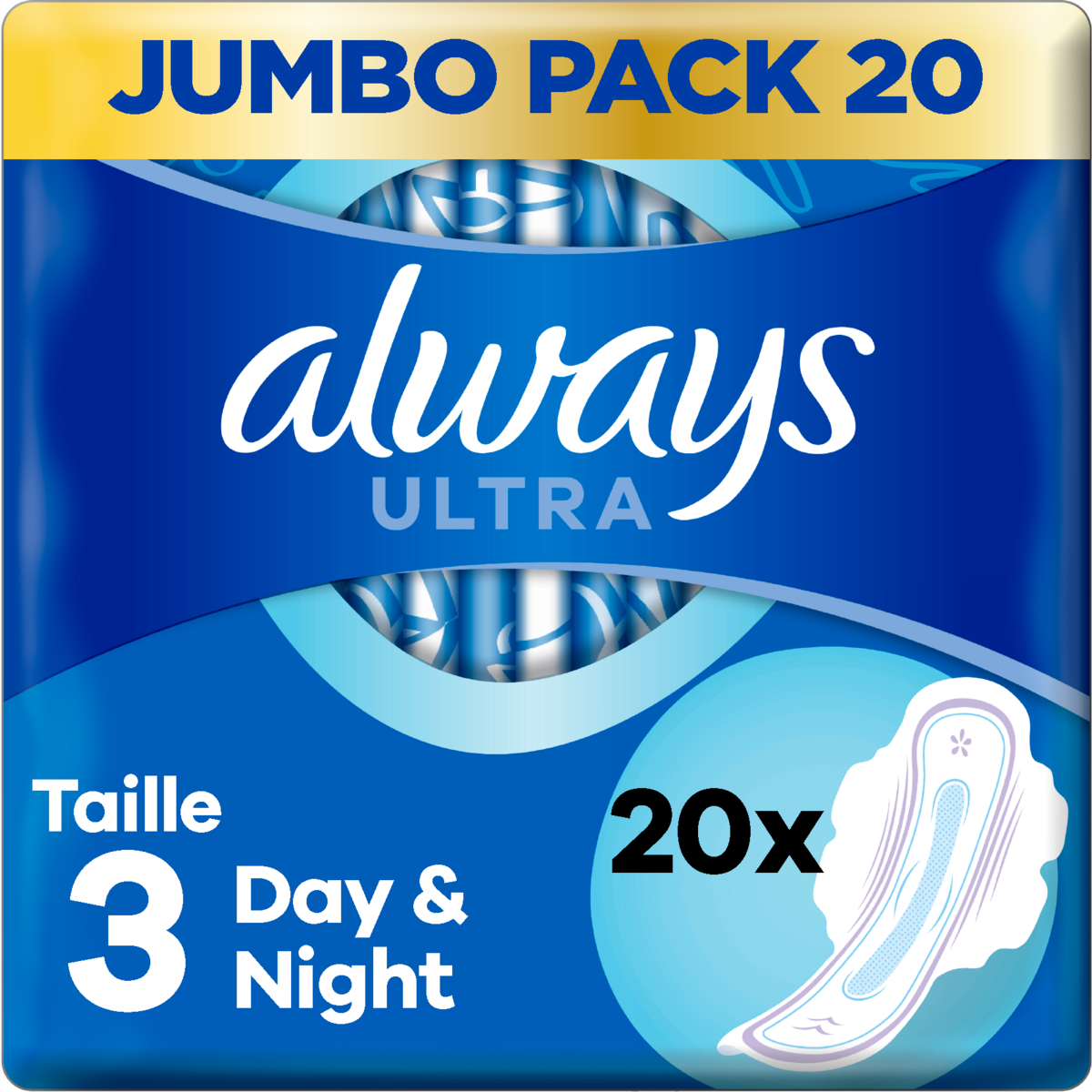 ALWAYS Ultra serviettes hygiéniques jour et nuit avec ailettes taille 3 20 serviettes