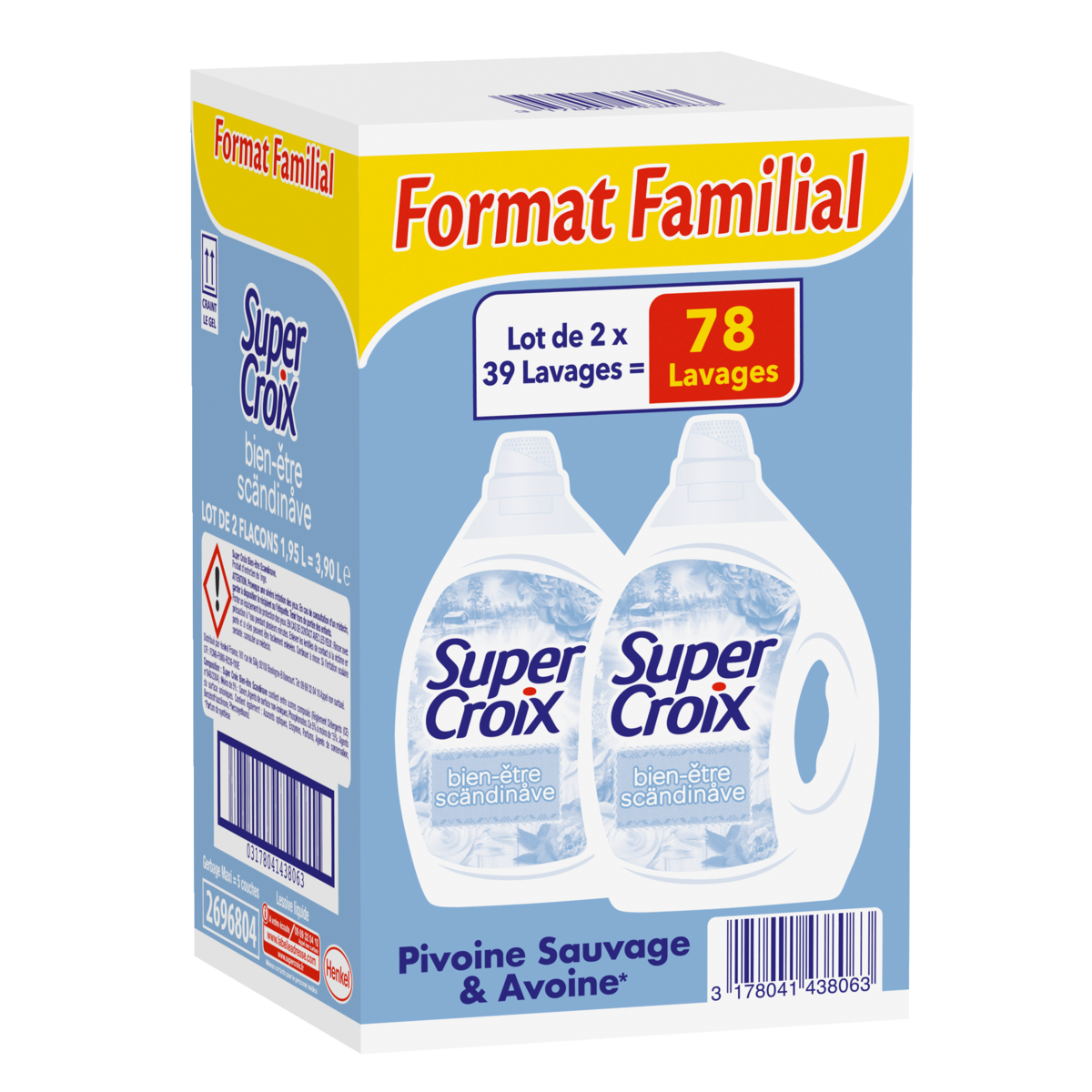 SUPER CROIX Lessive liquide bien être scandinave pivoine sauvage et avoine 78 lavages 2x1.95l