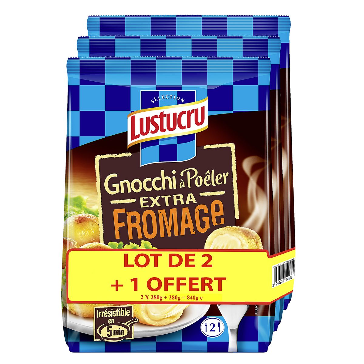 LUSTUCRU Gnocchi à poêler extra fromage 2+1 offert 3x280g