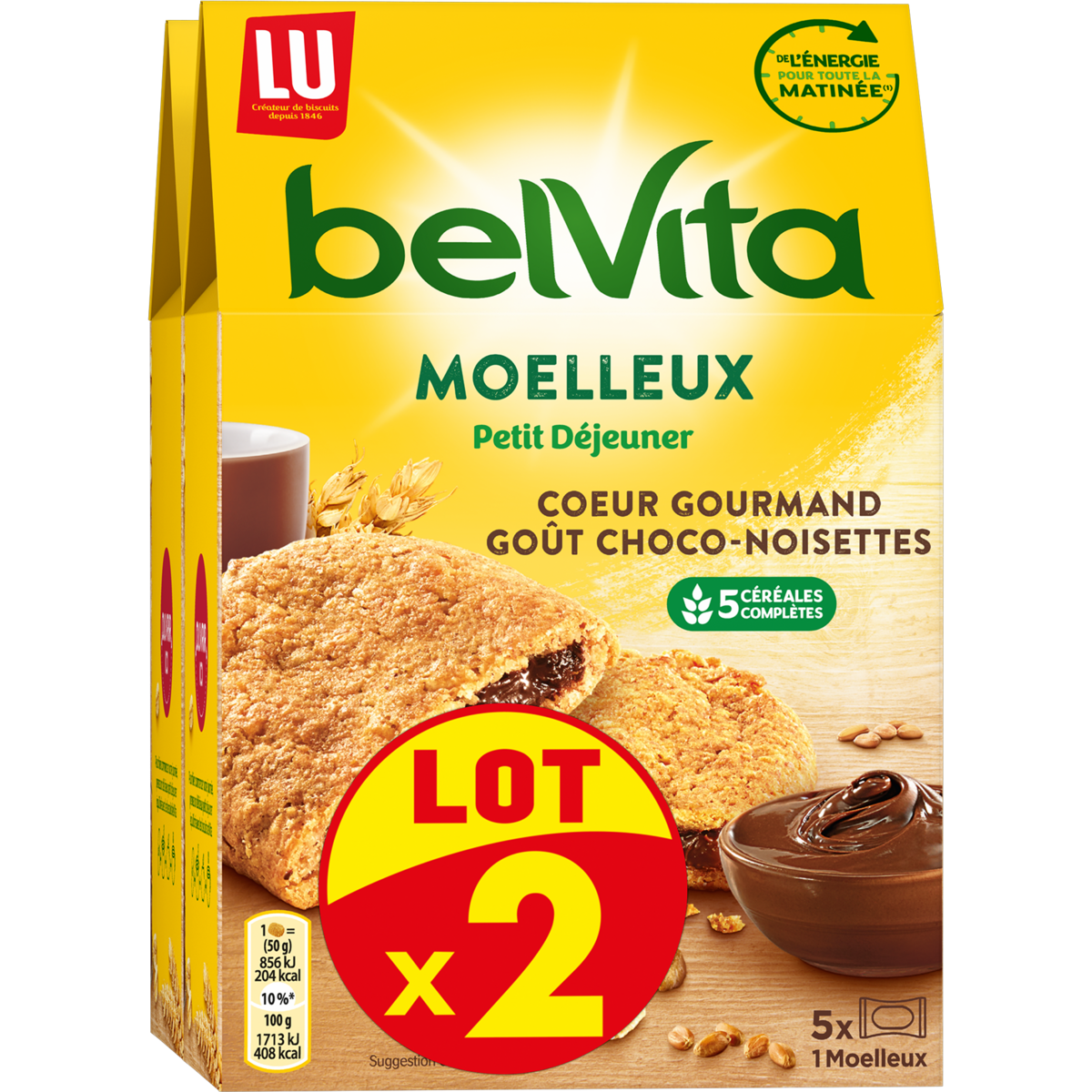BELVITA Biscuits petit-déjeuner moelleux chocolat noisette sachets individuels 2x5 sachets 2x250g