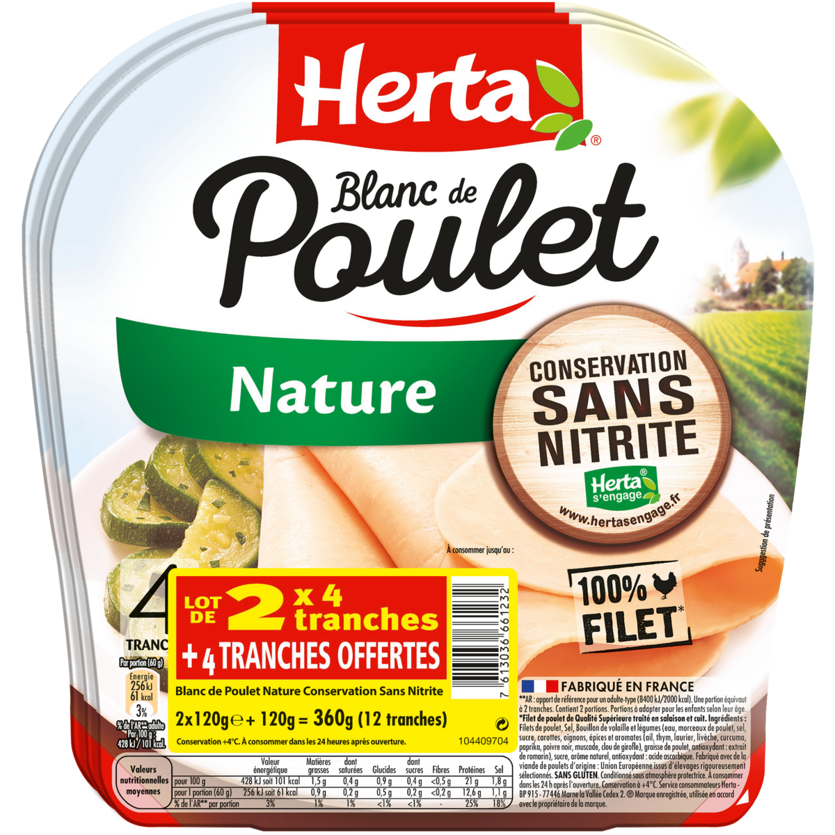 HERTA Blanc de poulet nature sans nitrite 8 tranches + 4 offertes 3x120g