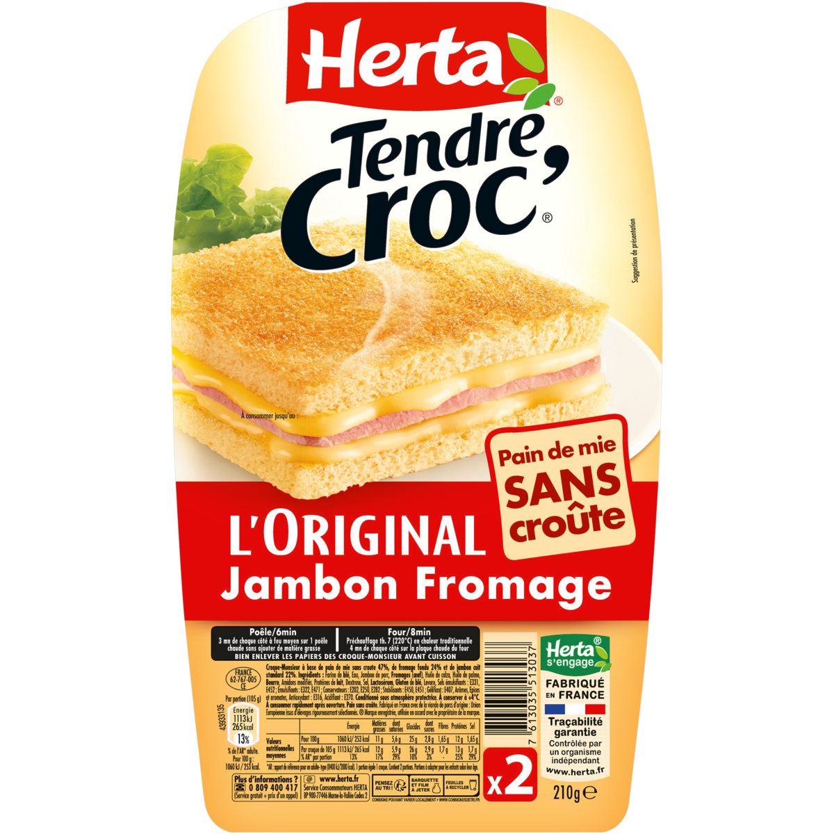 HERTA Tendre croc' l'original sans croûte au jambon et au fromage 2 pièces 210g