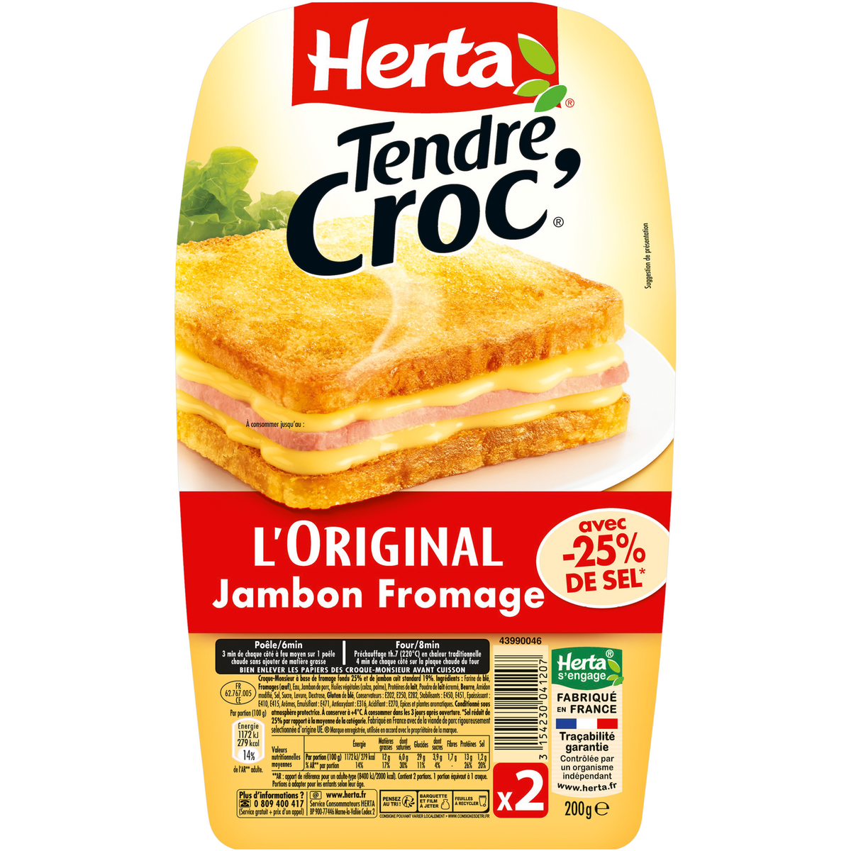 HERTA Tendre croc' l'original au jambon et au fromage 2 pièces 200g