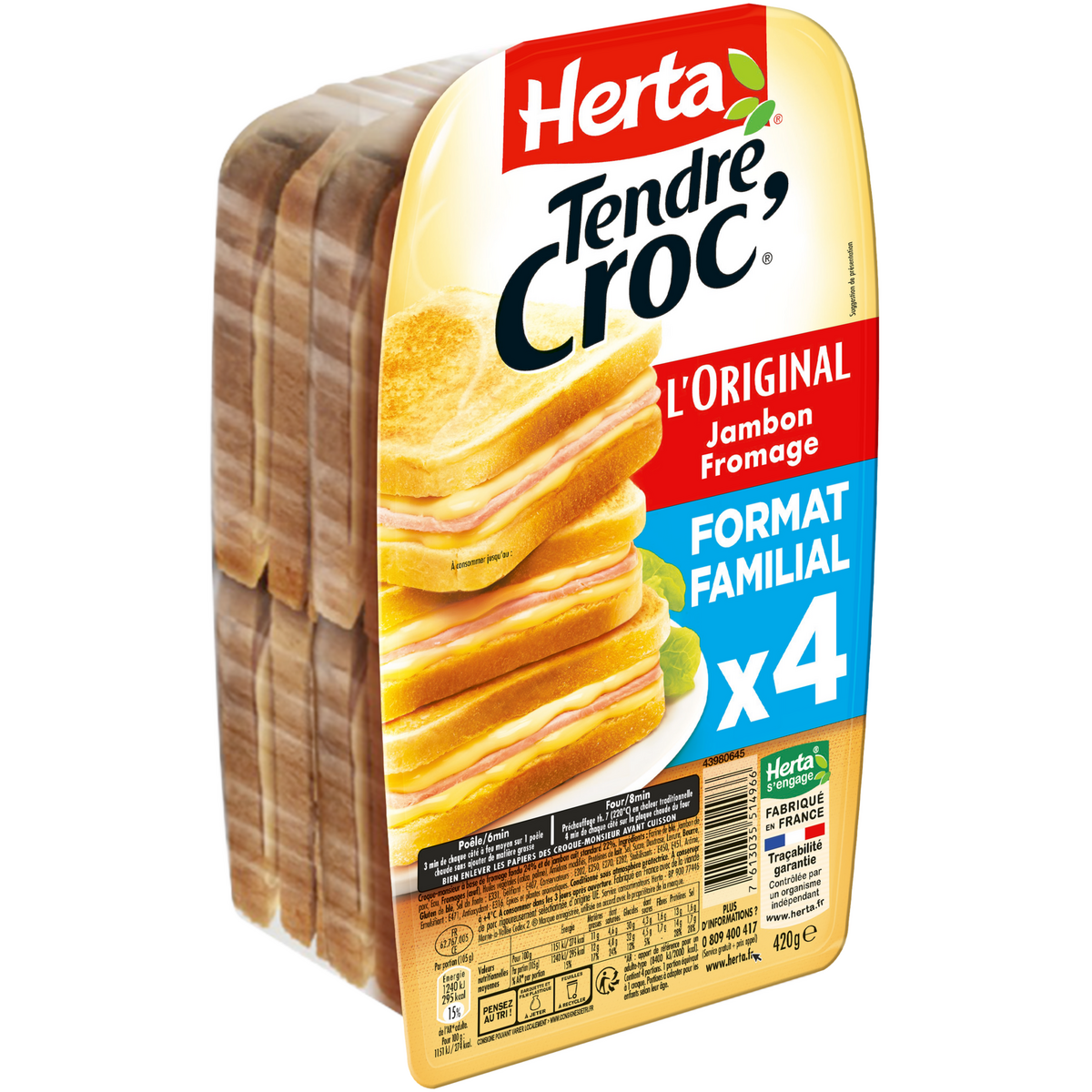 HERTA Tendre croc' l'original jambon et fromage 4 pièces 420g
