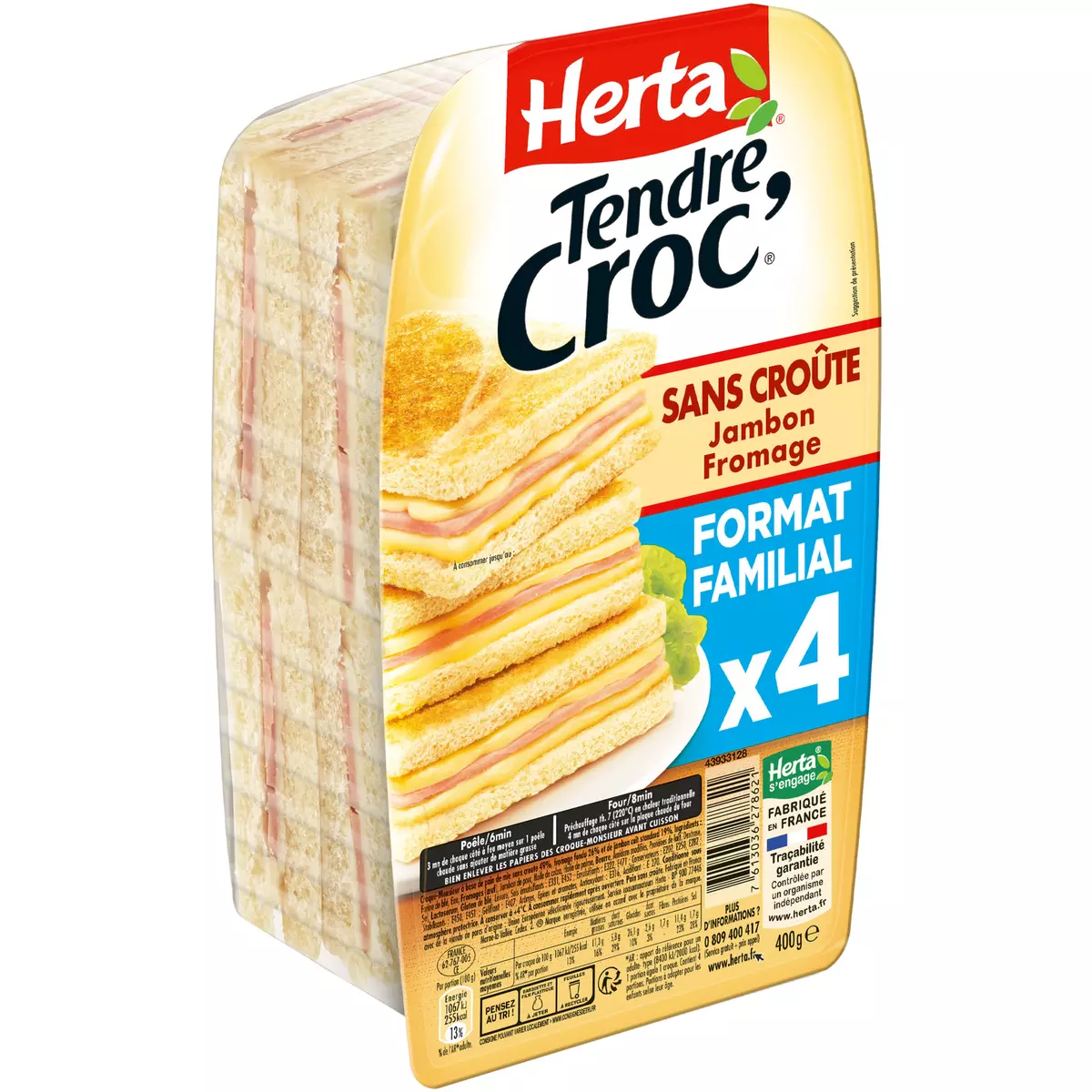 HERTA Tendre Croc' croque monsieur sans croûte jambon fromage 4 pièces 400g
