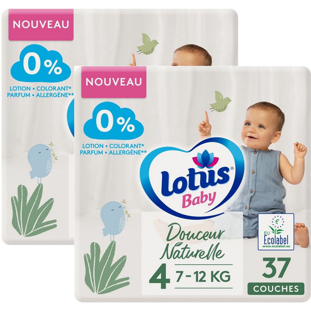 LOTUS BABY Douceur Naturelle Couches T4 de 7 à 12 kg 2 paquets de 37 pièces 