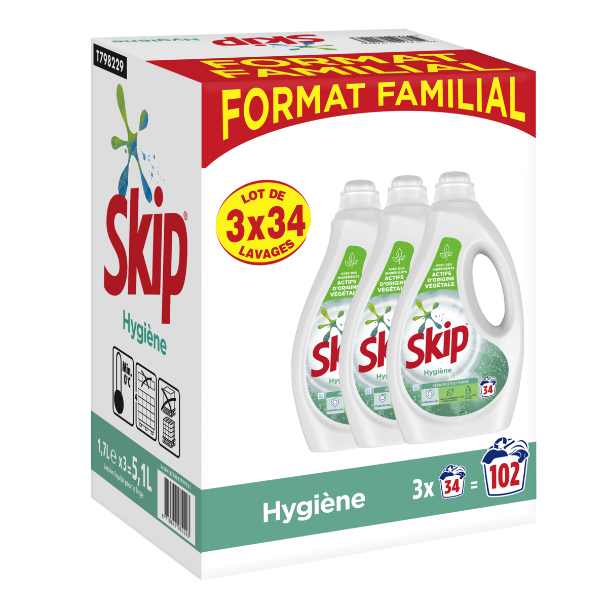 SKIP Lessive liquide hygiène désincruste et purifie 3x34 lavages 3x1.7l