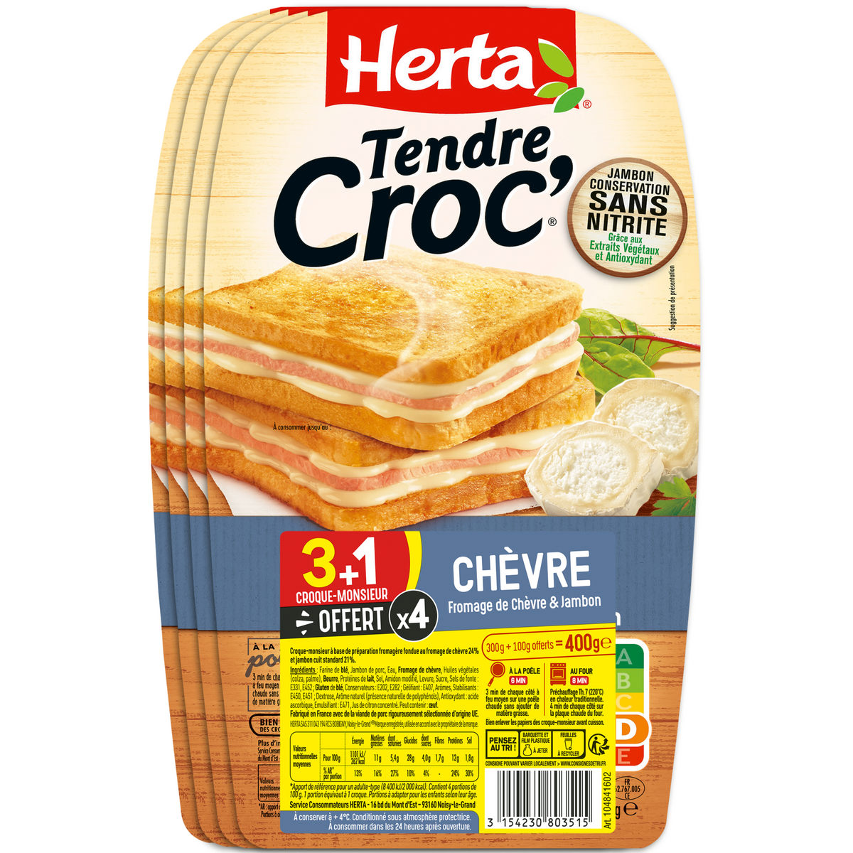 HERTA Tendre Croc fromage de chèvre et jambon 4x100g 400g