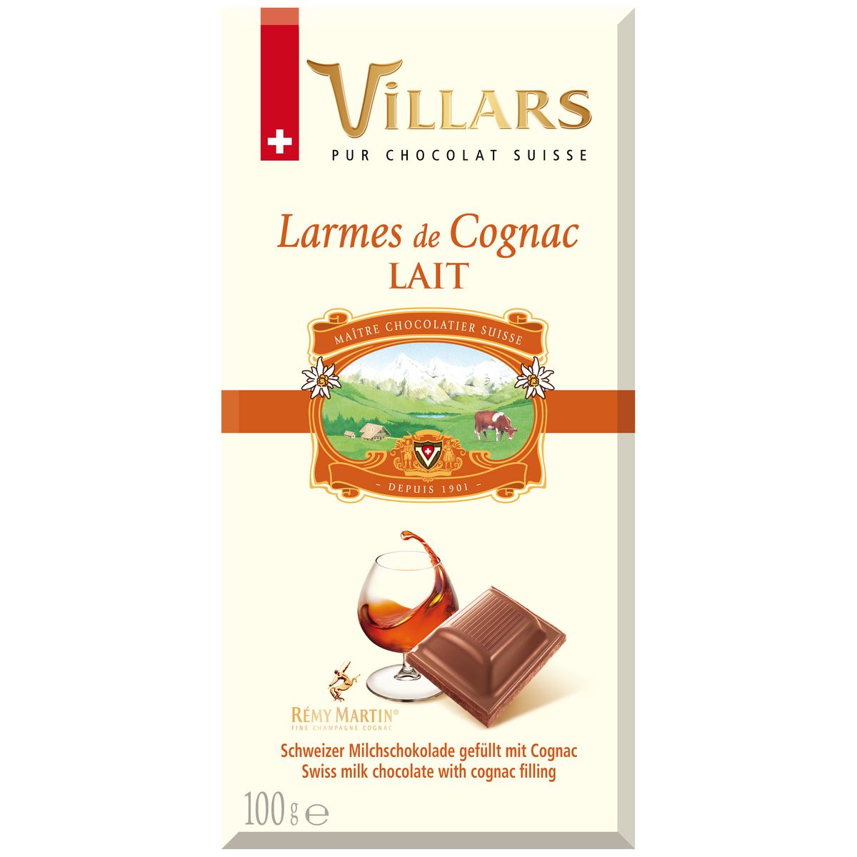 VILLARS Tablette de chocolat au lait de dégustation fourré au Cognac Rémy Martin 100g