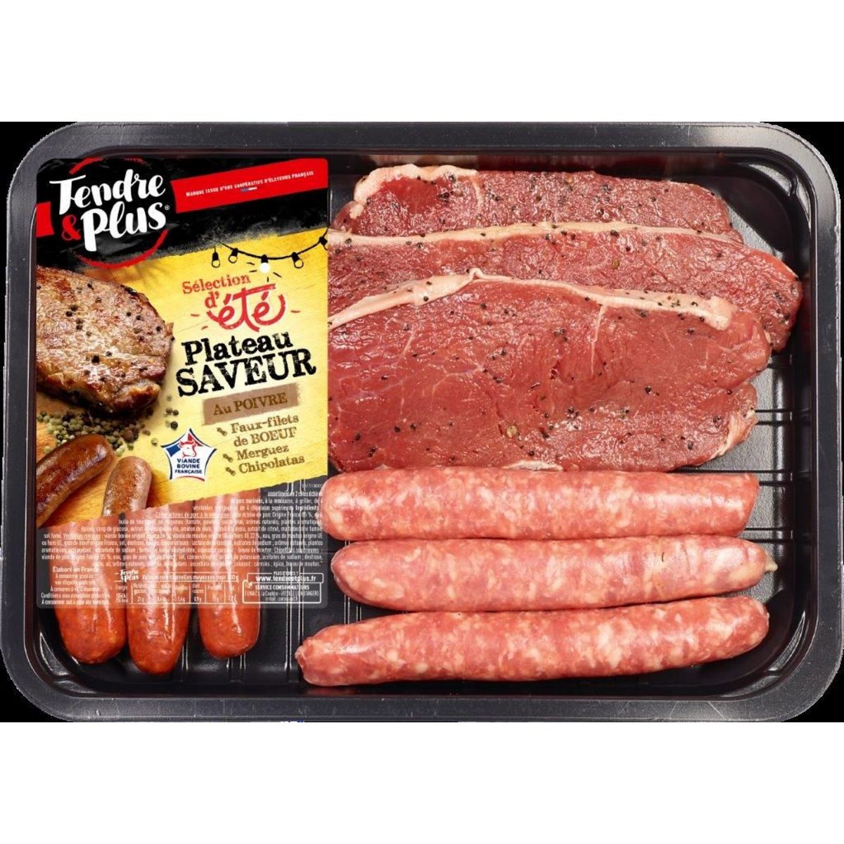 TENDRE & PLUS Plateau saveur au poivre faux filet de bœuf merguez chipolatas 550g