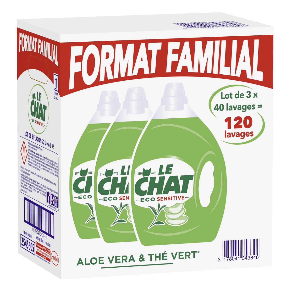LE CHAT Lessive liquide eco sensitive format familial 120 lavages 3x2l