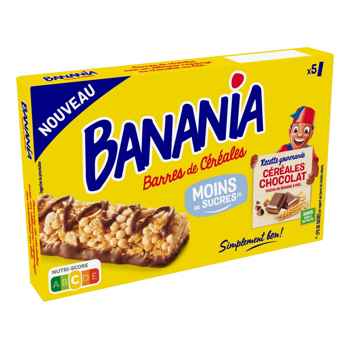 BANANIA Barres de céréales chocolat touche de banane et miel sans huile de palme 5 pièces 125g