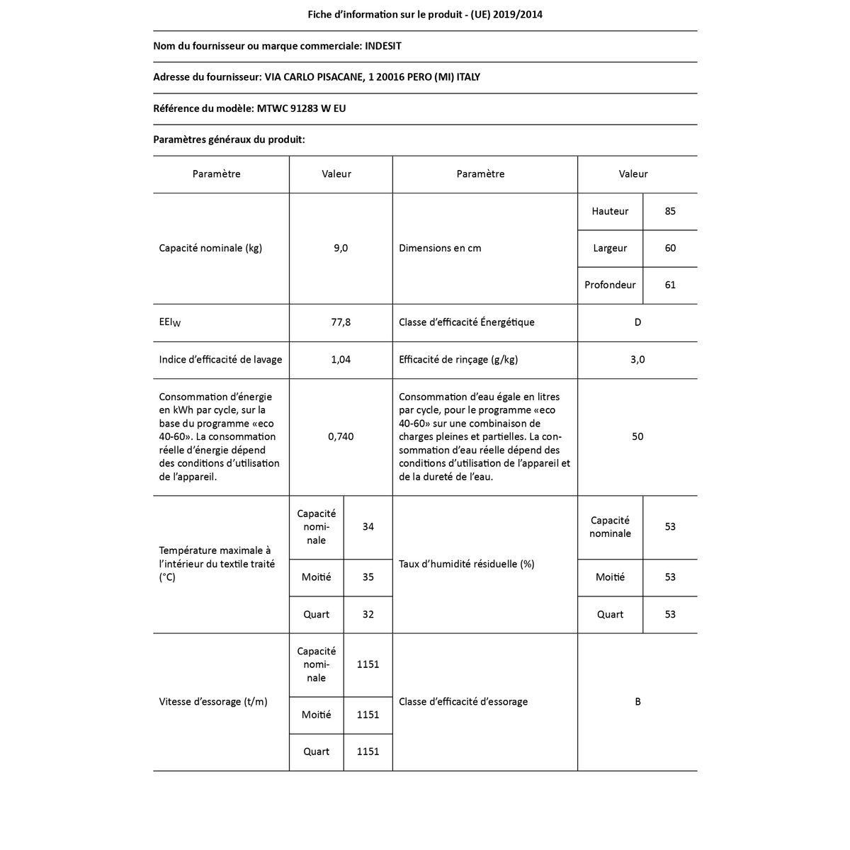 INDESIT Lave linge hublot MTWC91283WEU, 9 kg, 1200 T/min