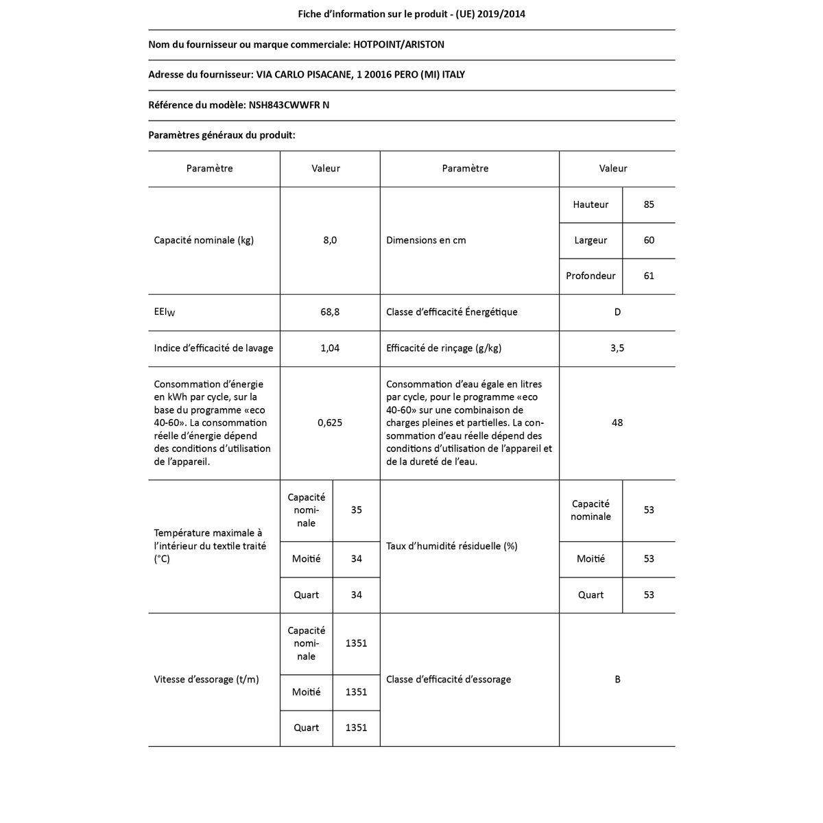 HOTPOINT Lave linge hublot NSH843CWWFRN, 8 kg, 1400 T/min