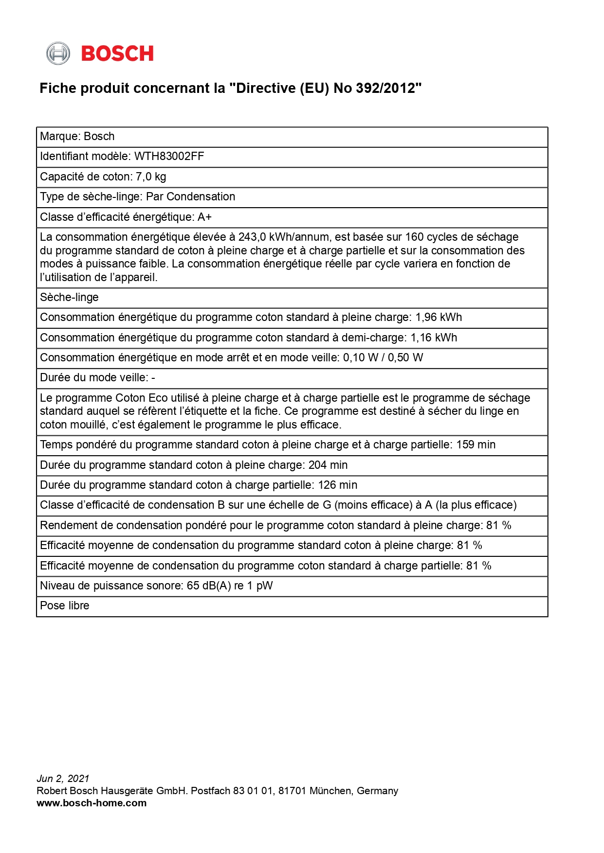 Voir la diapositive 4 : BOSCH Sèche linge hublot WTH83002FF, 7 kg, Pompe à chaleur, A+
