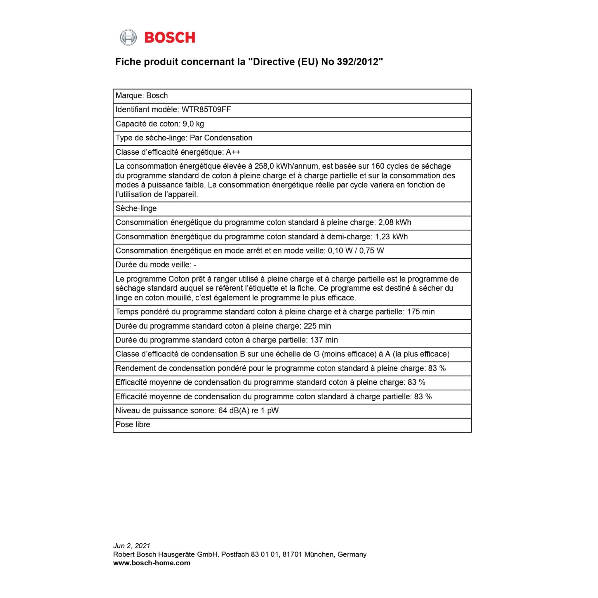 Voir la diapositive 2 : BOSCH Sèche linge hublot WTR85T09TF, 9 kg, Pompe à chaleur, A++