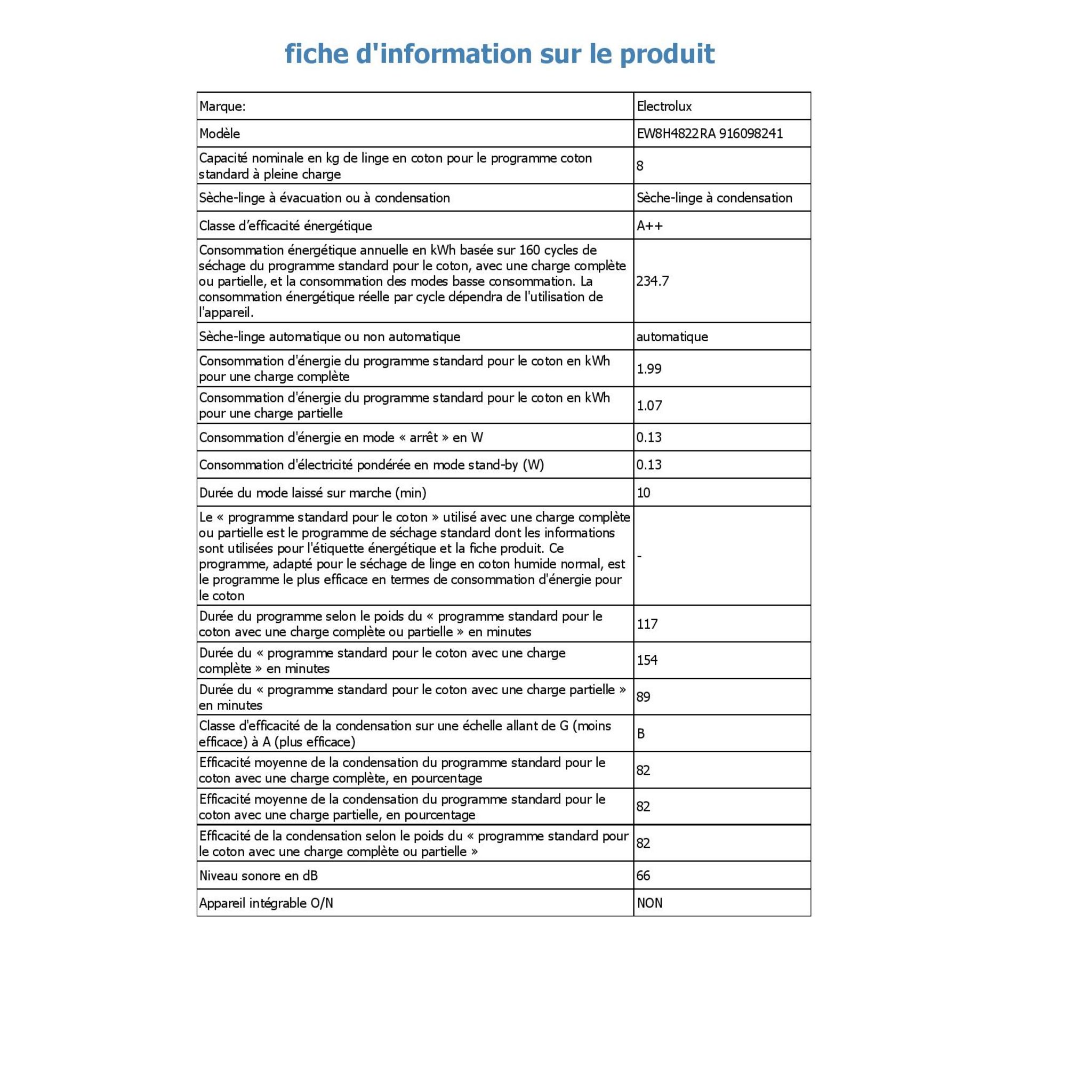 Voir la diapositive 2 : ELECTROLUX Sèche linge hublot EW8H4822RA, 8 kg, Pompe à chaleur, A++