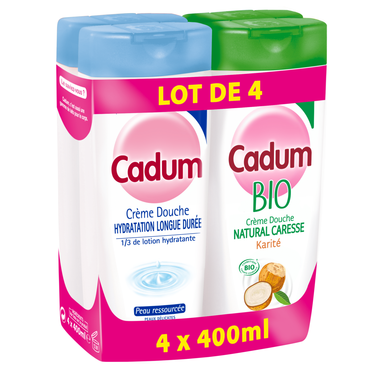 CADUM Crème de douche hydratation longue durée et Crème de douche natural caresse bio 4x400ml