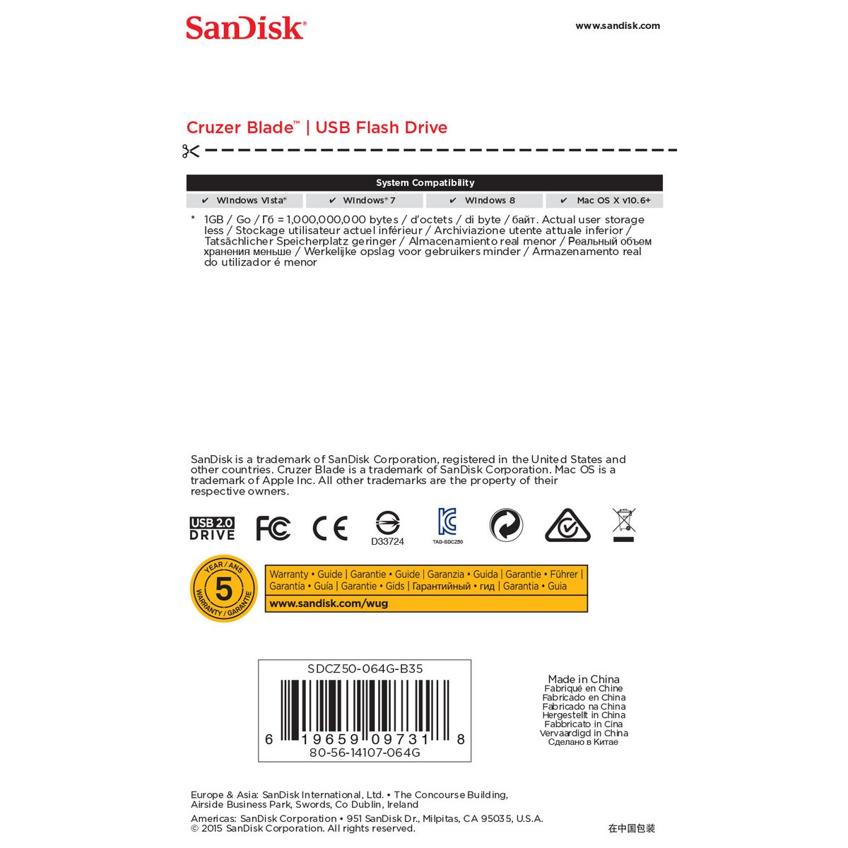 SANDISK Clé USB Cruzer Blade - USB 2.0 - 64 Go