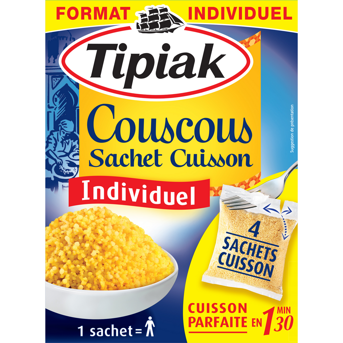TIPIAK Couscous sachets cuisson individuels prêt en 1min30 4 sachets 4x65g