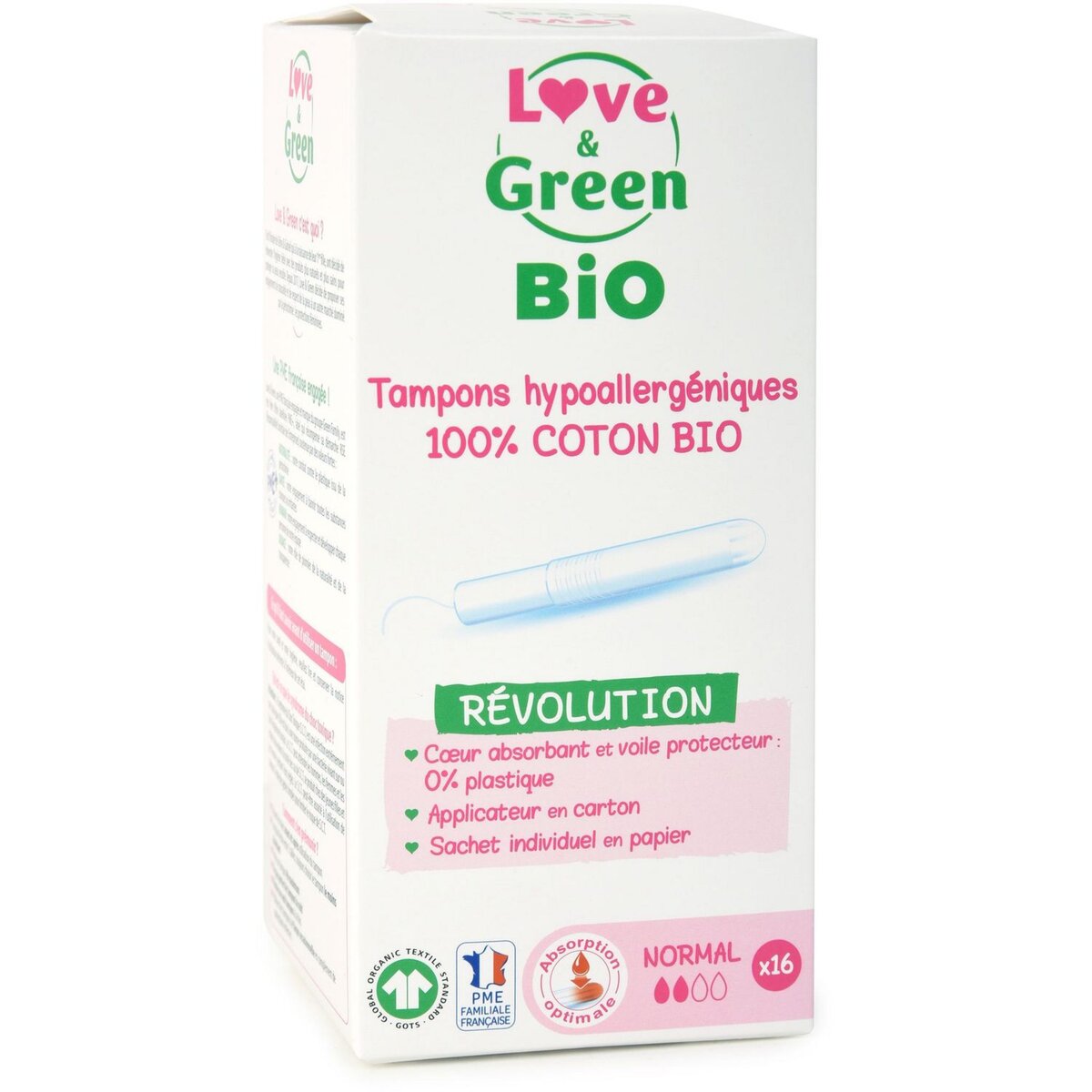 LOVE & GREEN Tampons hypoallergénique normal avec applicateur bio 16 tampons