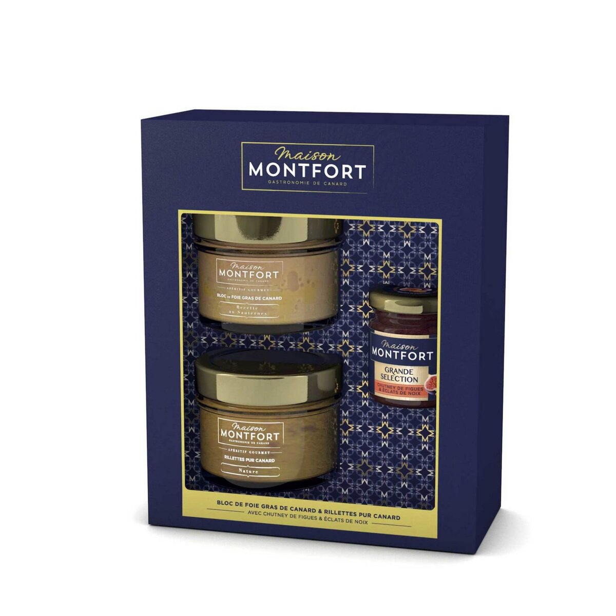 MAISON MONTFORT Coffret festif Bloc de foie gras de canard & rillettes pur canard & chutney 3 produits 2x90g + 50g