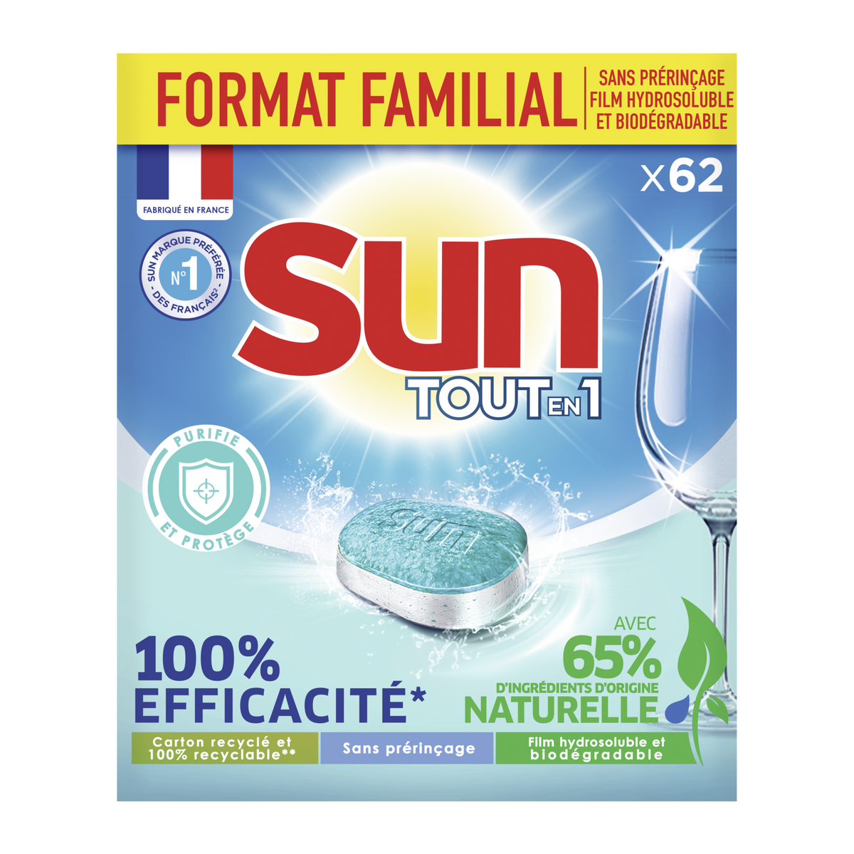 SUN Tablettes lave-vaisselle tout en 1 purifie et protège Ecolabel 62 pastilles