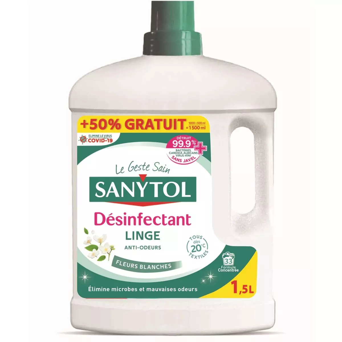 SANYTOL Désinfectant linge anti-odeurs fleurs blanches 1l+50% offert