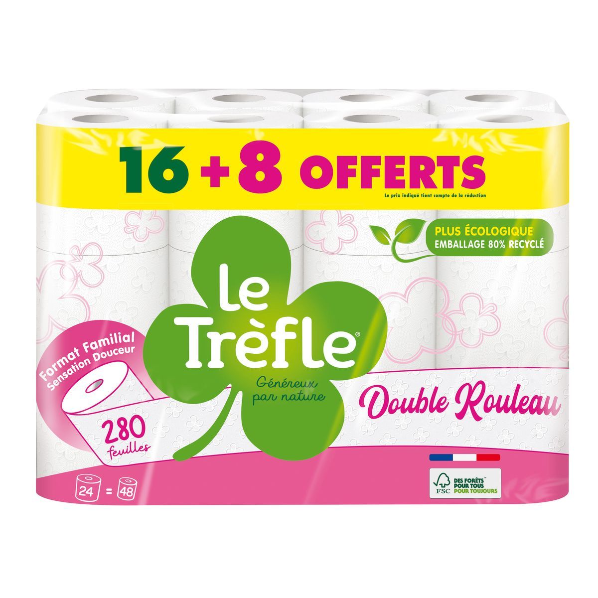LE TRÈFLE Papier toilette double rouleau sensation douceur blanc 16 rouleaux + 8 gratuits