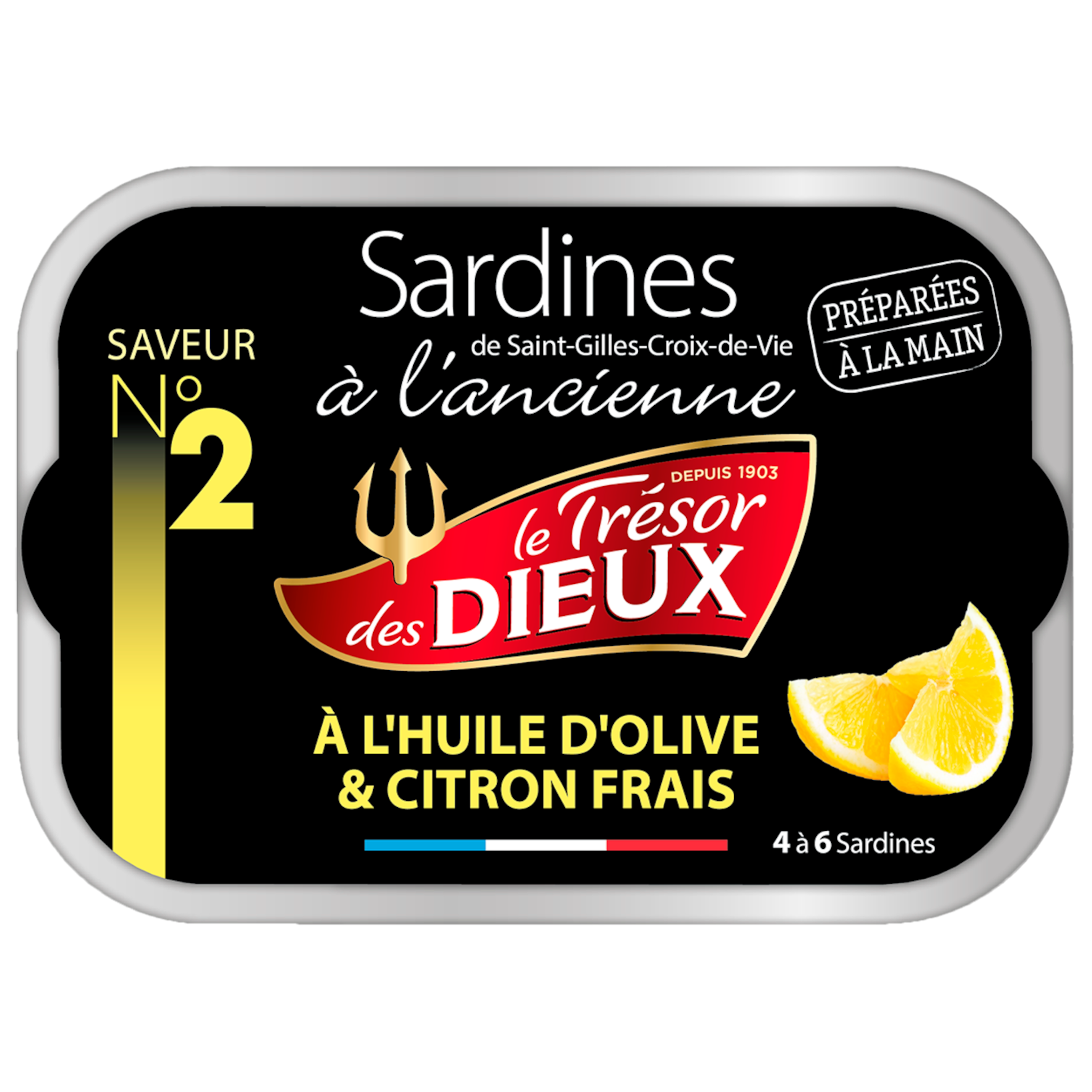 LE TRESOR DES DIEUX Sardines de Saint-Gilles-Croix-de-Vie à l'ancienne à l'huile d'olive et citron frais 4 à 6 sardines 115g
