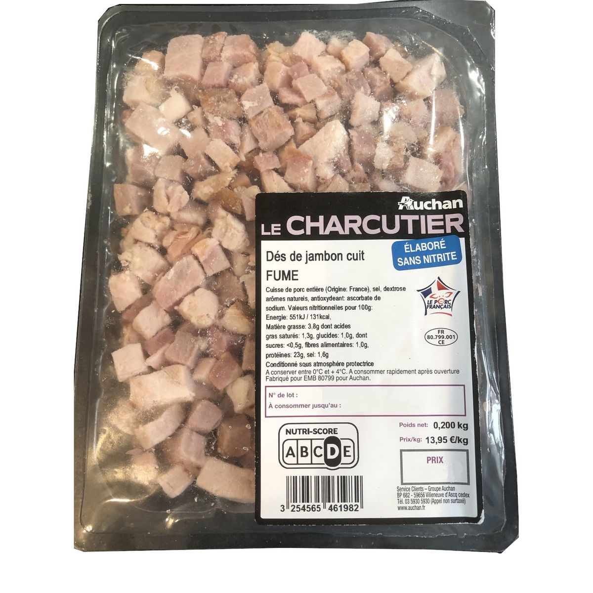 AUCHAN LE CHARCUTIER Dés de jambon cuit fumé sans nitrite 200g
