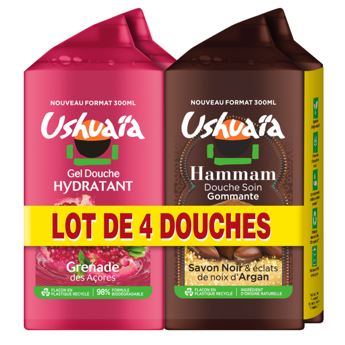 USHUAIA Gel douche grenade savon noir et argan 4x300ml