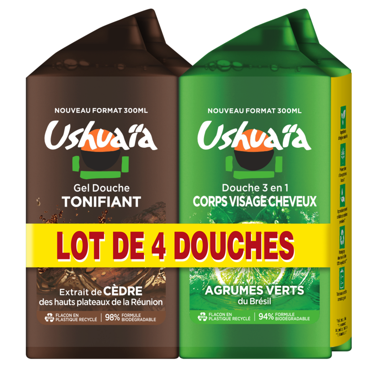 Lot De 2 Produits Ushuaïa Homme : Gel Douche & Shampoing Aux Agrumes Verts - 300 Ml Chacun | PH Neutre