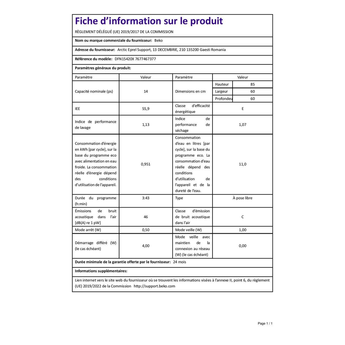 BEKO Lave vaisselle pose libre DFN15420X, 14 couverts, 60 cm, 46 dB, 6 programmes