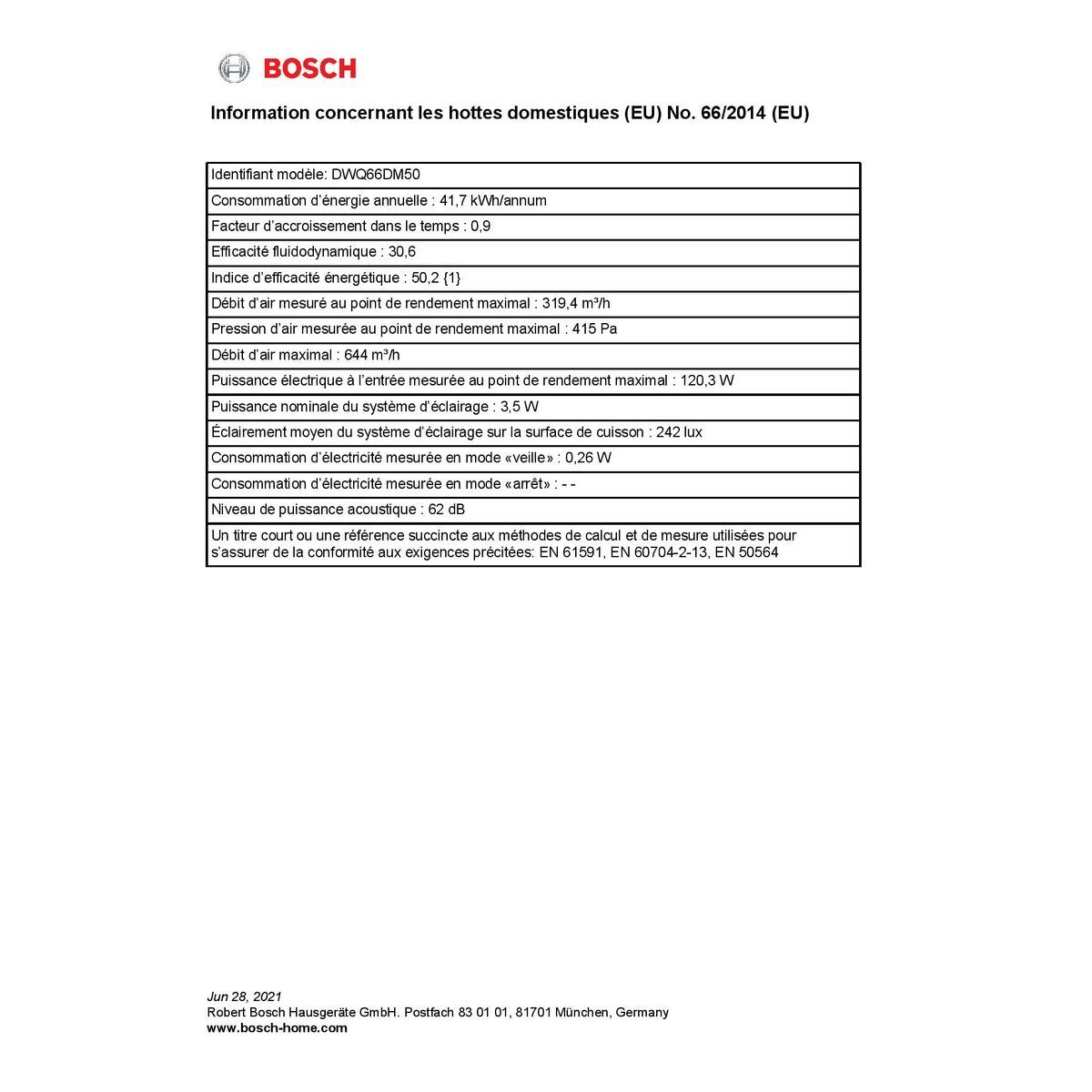 BOSCH Hotte décorative DWQ66DM50 - Évacuation et recyclage, 60 cm, 610 m3/h