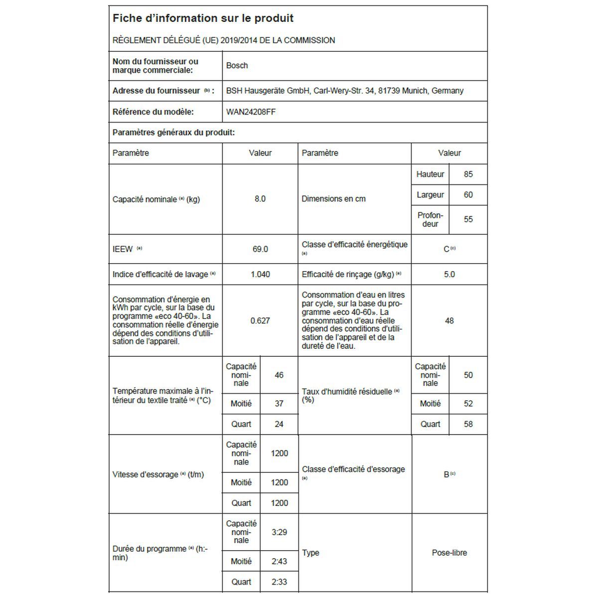 BOSCH Lave linge WAN24208FF, 8 kg, 1200 T/min