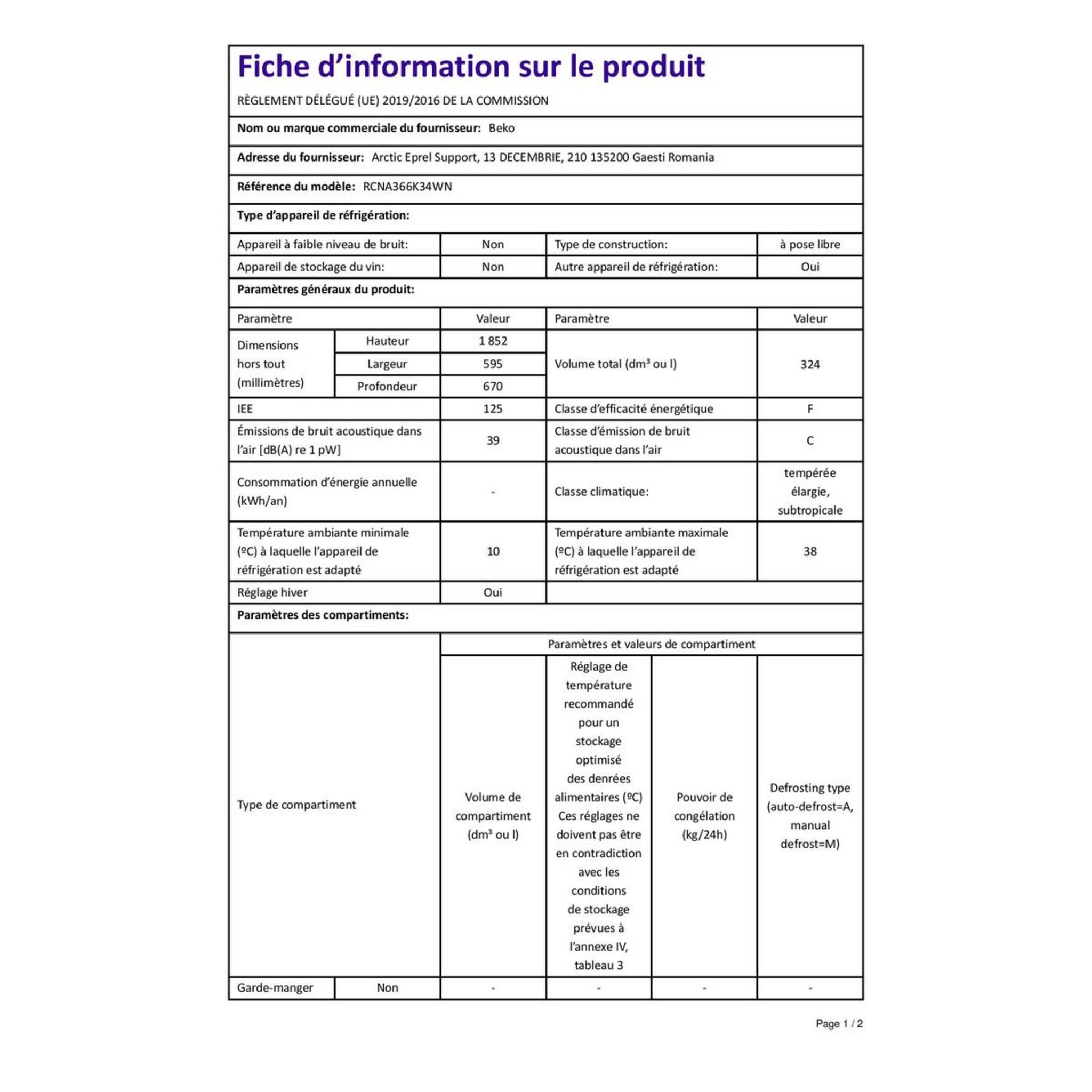 Voir la diapositive 5 : BEKO Réfrigérateur combiné RCNA366K34WN, 324 L, Froid ventilé