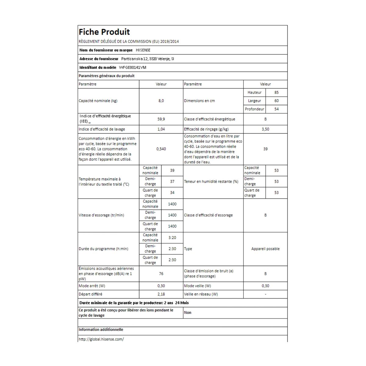 Voir la diapositive 8 : HISENSE Lave linge hublot WFGE80141VM, 8 kg, 1400 T/min