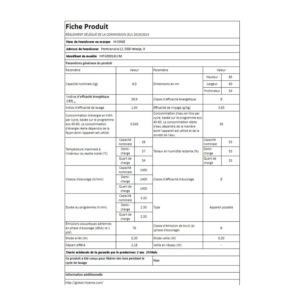 HISENSE Lave linge hublot WFGE80141VM, 8 kg, 1400 T/min