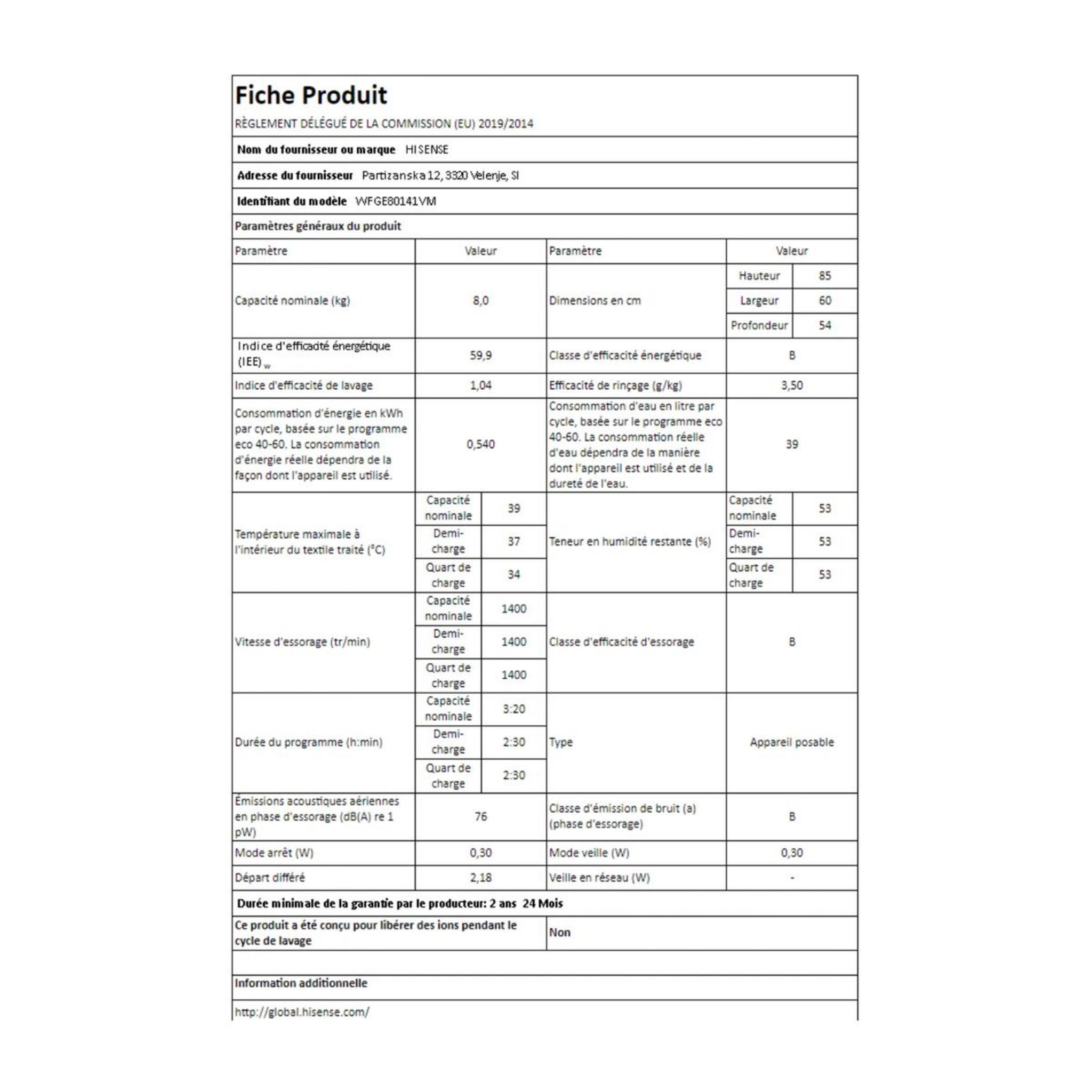 Voir la diapositive 8 : HISENSE Lave linge hublot WFGE80141VM, 8 kg, 1400 T/min