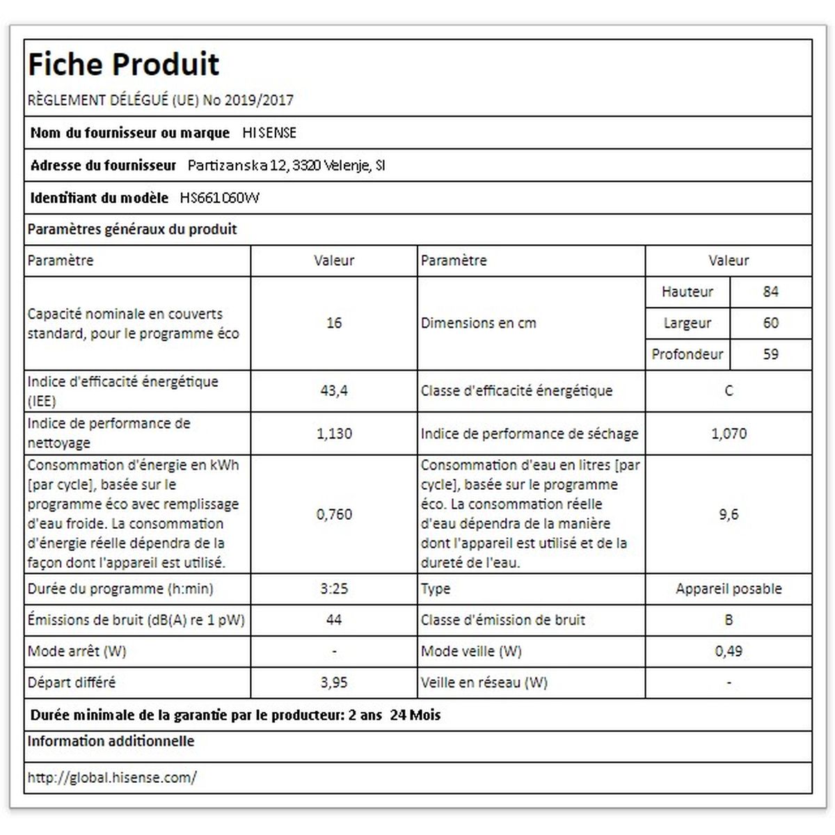 Voir la diapositive 8 : HISENSE Lave vaisselle pose libre HS661C60W/X, 16 couverts, 60 cm, 44 dB, 5 programmes