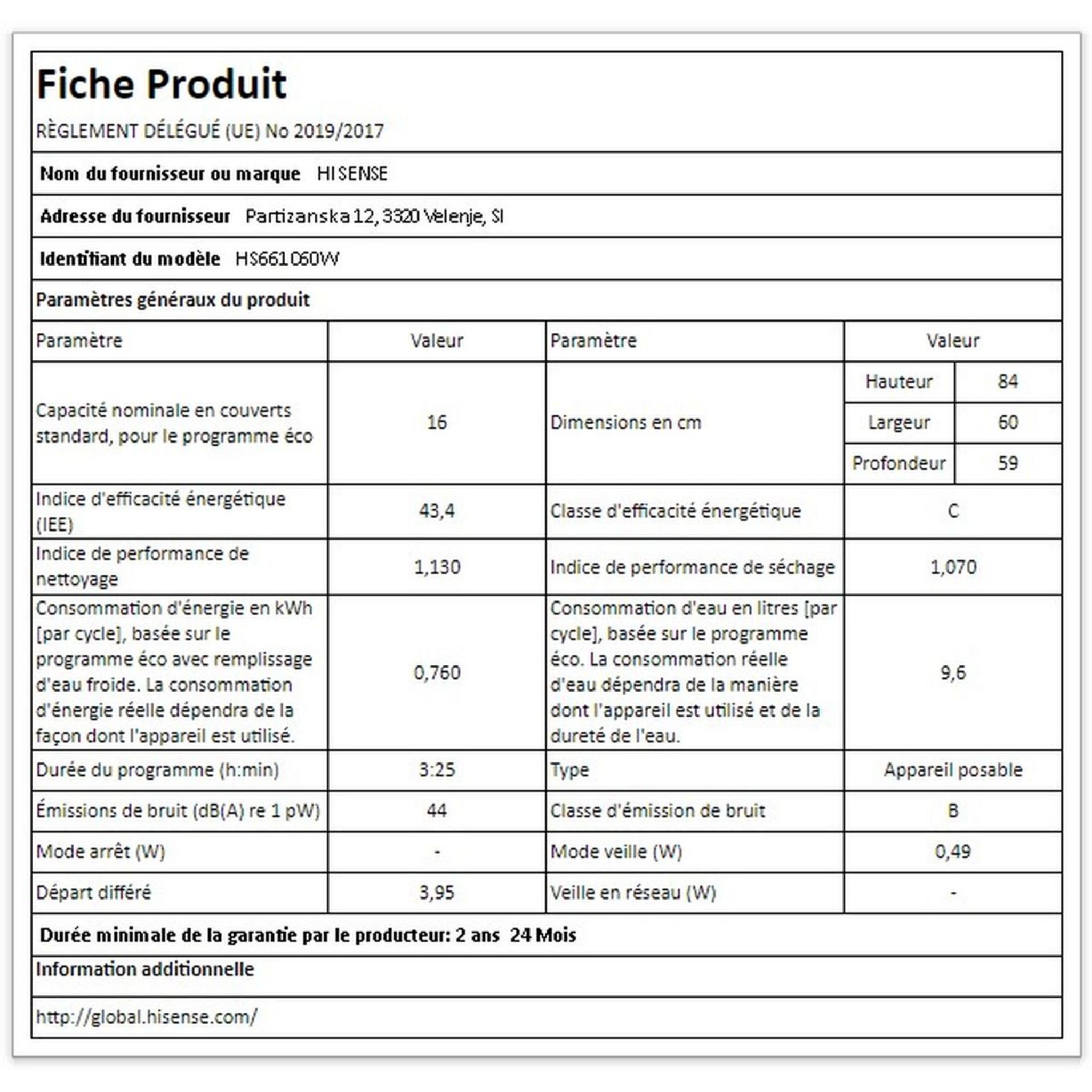 Voir la diapositive 8 : HISENSE Lave vaisselle pose libre HS661C60W/X, 16 couverts, 60 cm, 44 dB, 5 programmes