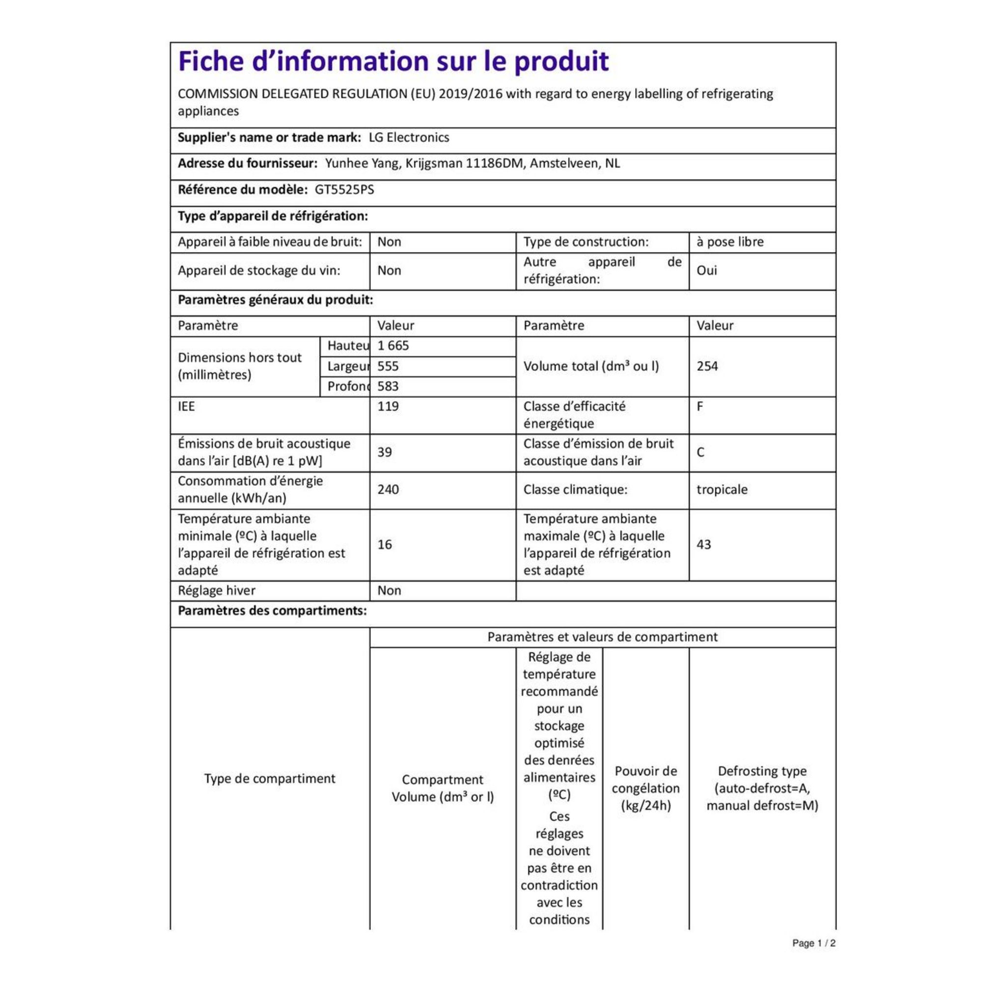Voir la diapositive 6 : LG Réfrigérateur 2 portes GT5525PS, 254 L, Froid No Frost