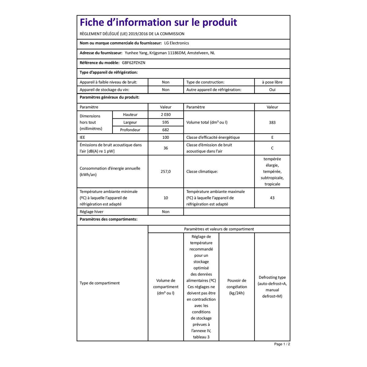 LG Réfrigérateur combiné  GBF62PZHZN, 383 L, Total no frost