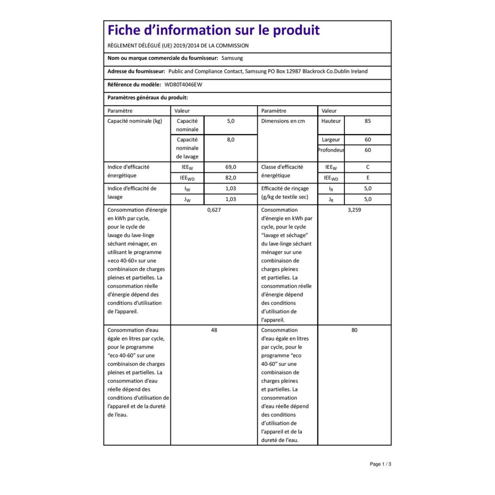 Voir la diapositive 11 : SAMSUNG Lave linge séchant hublot WD80T4046EW, 8 kg lavage, 5 kg séchage, 1400 T/min