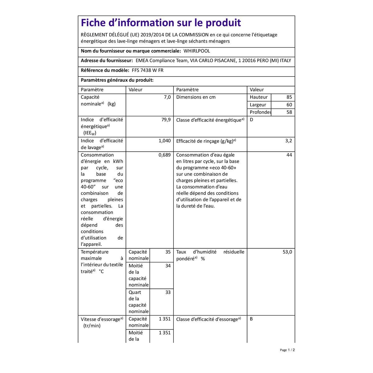 WHIRLPOOL Lave linge hublot FFS7438WFR, 7 kg, 1400 t/min